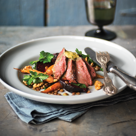 Paroo Kangaroo Fillet with Anchovy Butter served with Roasted Baby Carrot, Beetroot and Walnut Salad