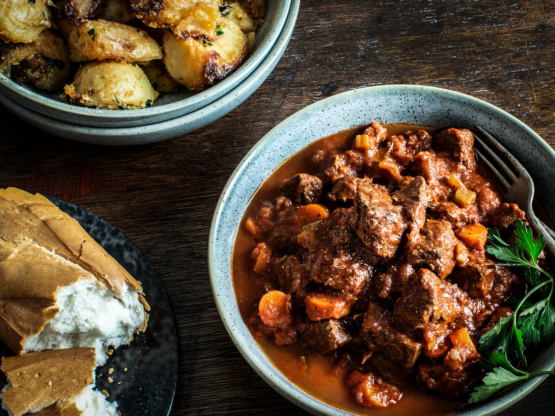 Slow cooked kangaroo stew with horseradish crusted potatoes