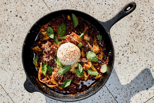 Kangaroo Tail Ragu Pappardelle with Burrata