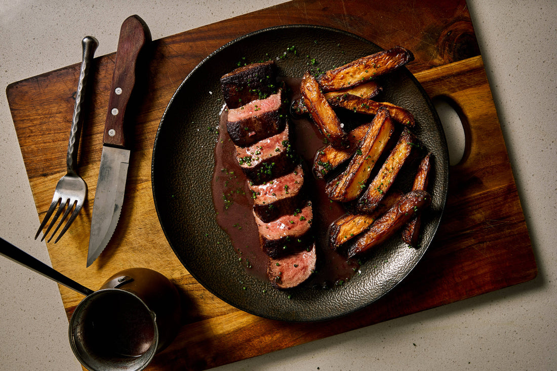 Wild venison backstrap with chips and red wine jus