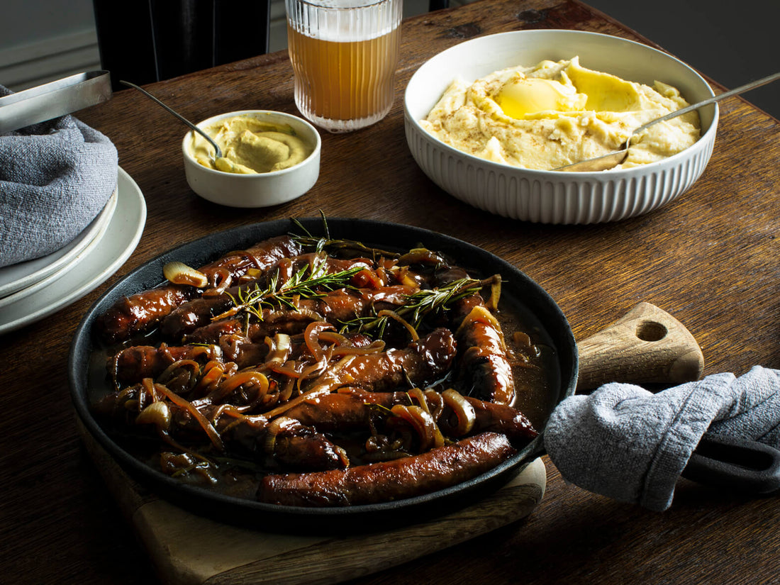 Wild Boar Sausages with roasted garlic & cheddar cheese mash