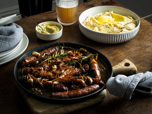 Wild Boar Sausages with roasted garlic & cheddar cheese mash