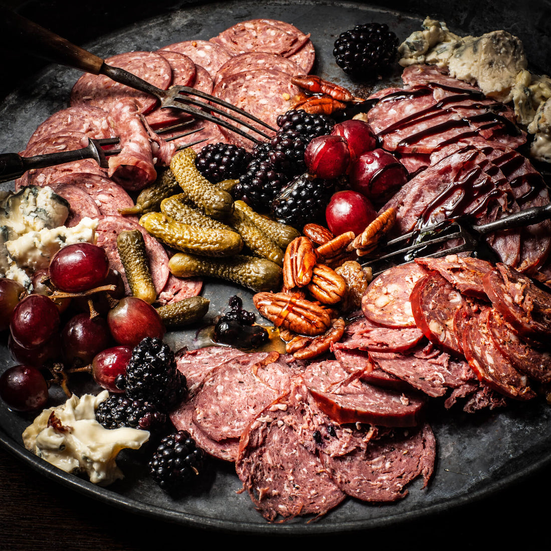 Wild Charcuterie Plate with Blackberries, Blue Cheese, Candied Pecans