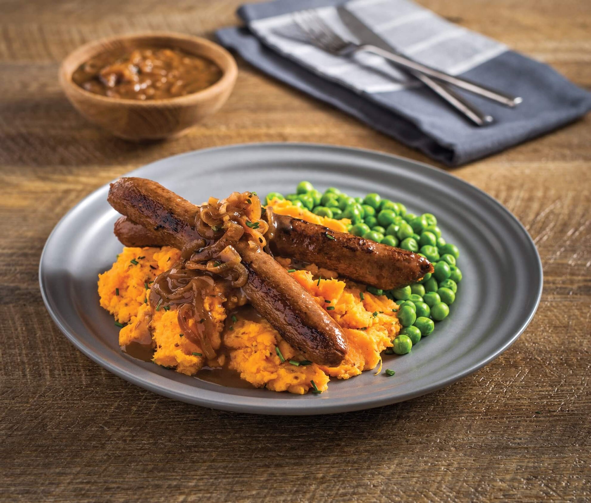 Kangaroo sausages with sweet potato mash